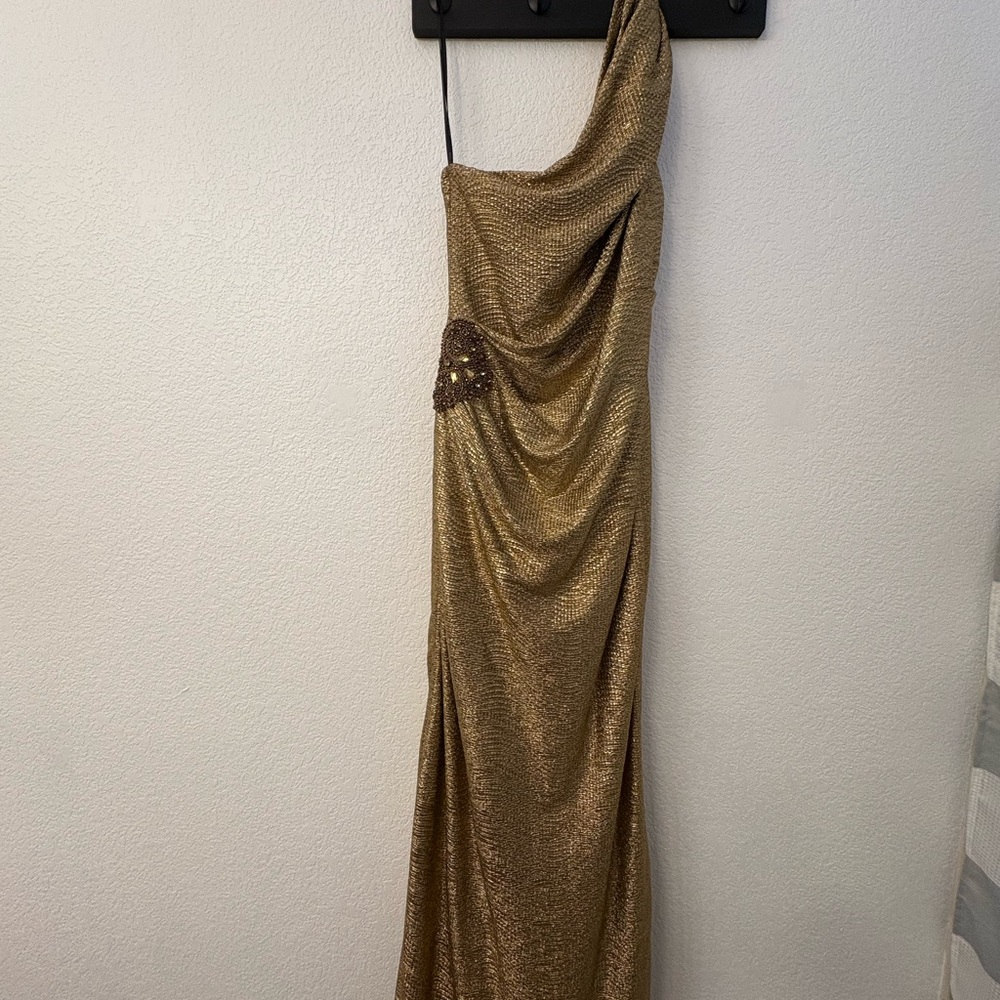 David Meister One Shoulder Gold Dress